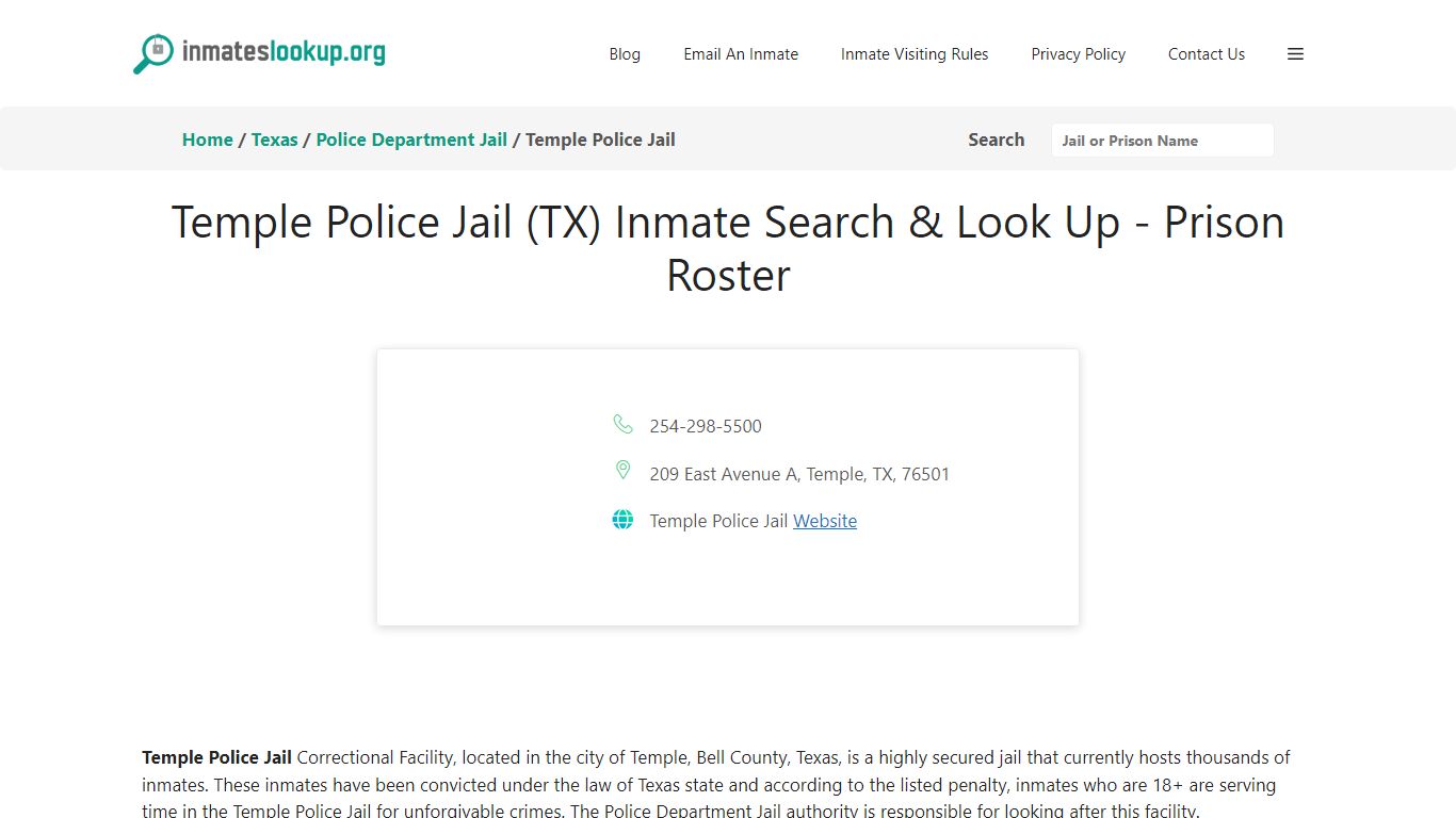 Temple Police Jail (TX) Inmate Search & Look Up - Prison Roster